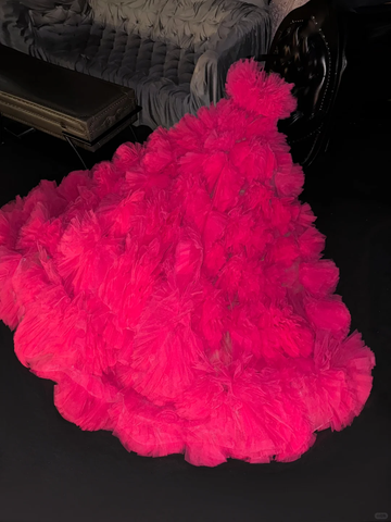 Princess A Line Strapless Tiered Hot Pink Tulle Long Party Dress Birthday Dress HZ1023